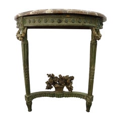 Antique Luis XVI Green French Demilune Floral Carved Wood and Marble Console, 1798