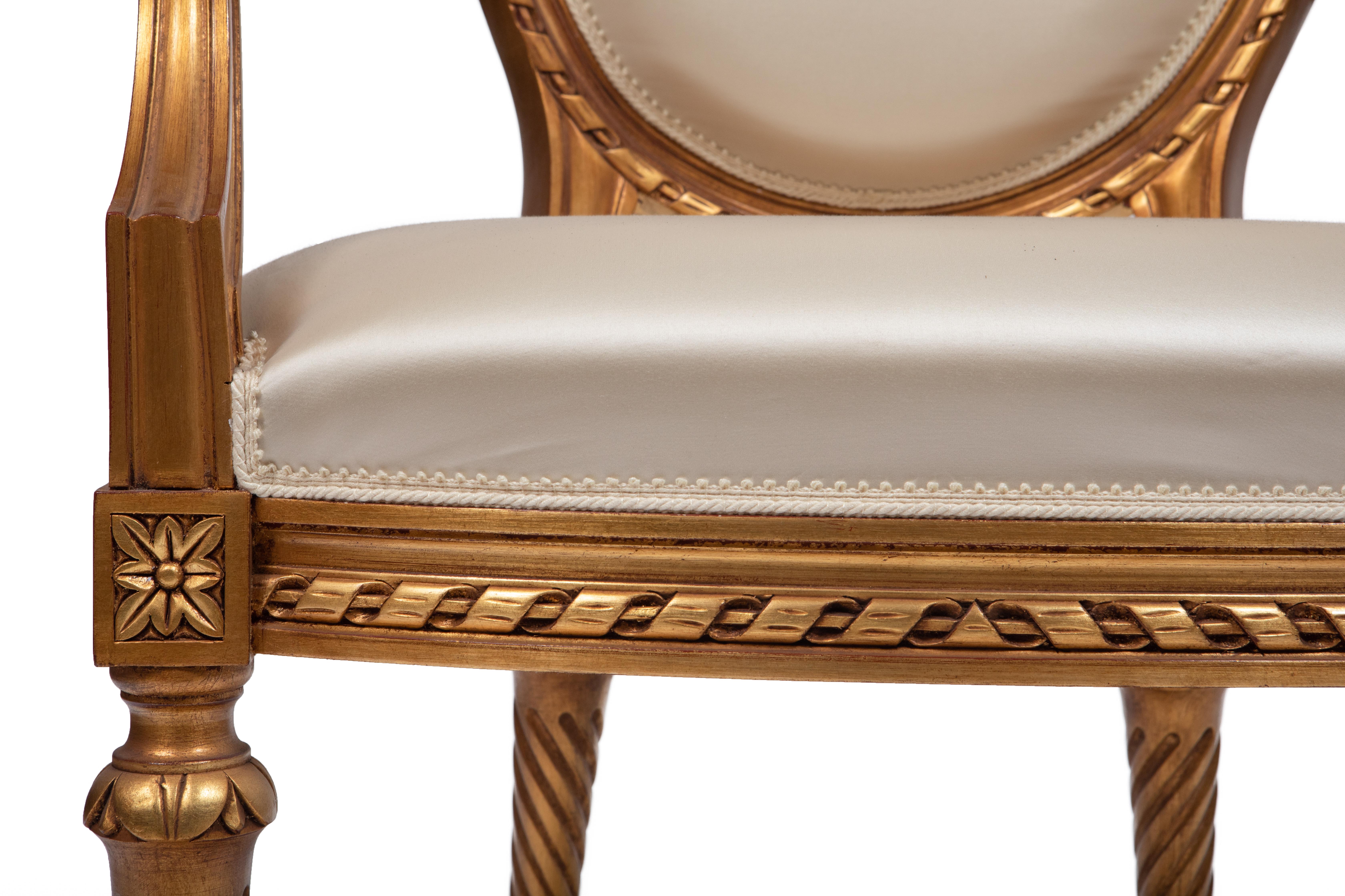 Italian Luis XVI Style Armchair, Hand Carved and Gold Leaf Finishing, Made in Italy For Sale