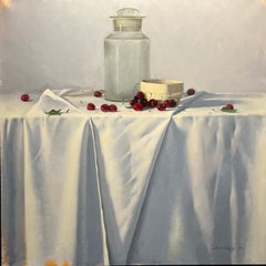 "Cherries on the table" white,red, Oil cm. 80 x 80 Shipping free