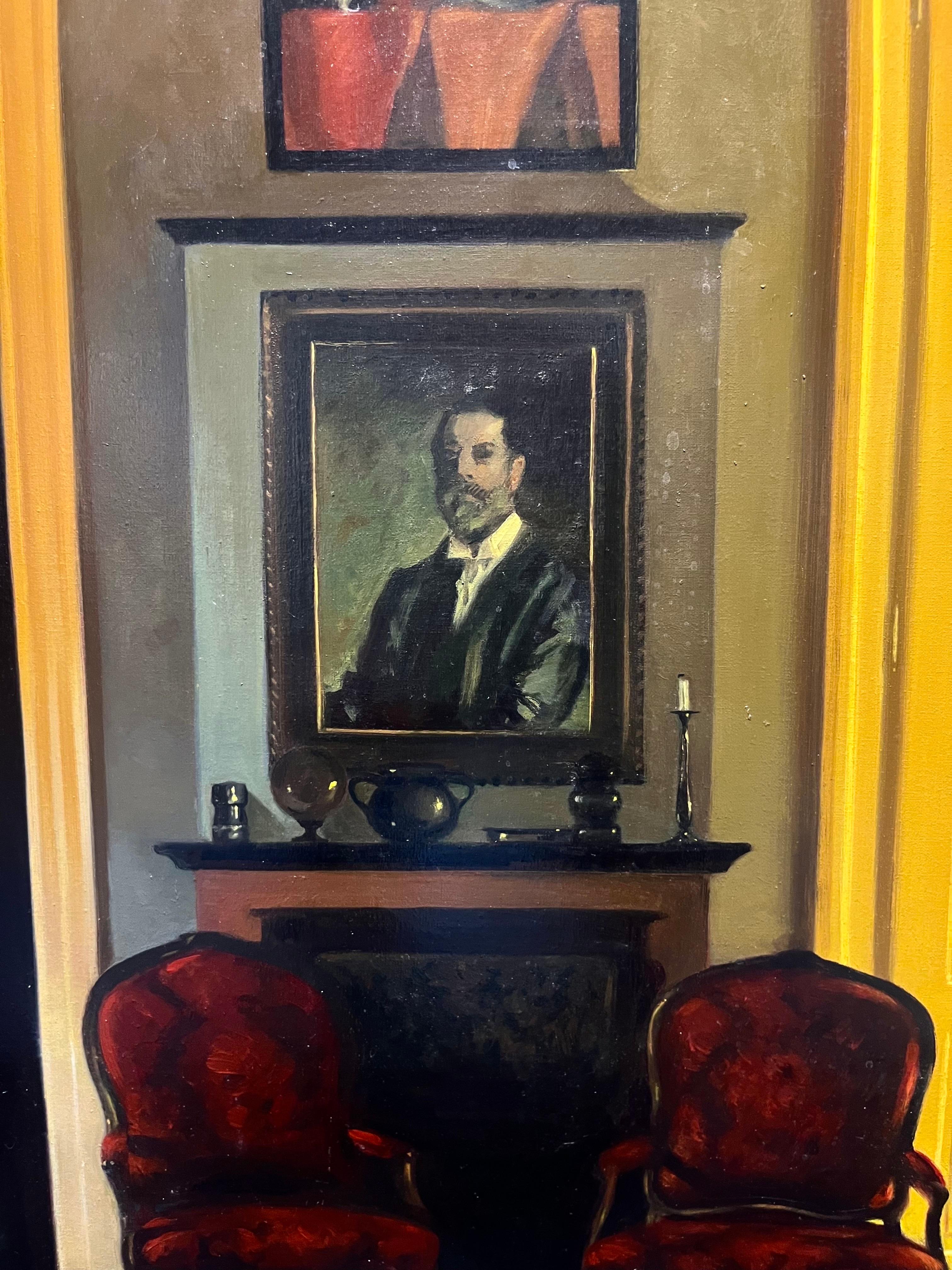 „Interior mit Porträt eines Malers“, Hommage an J.S. Sargent Öl cm. 40 x 70 – Painting von Luisa Albert