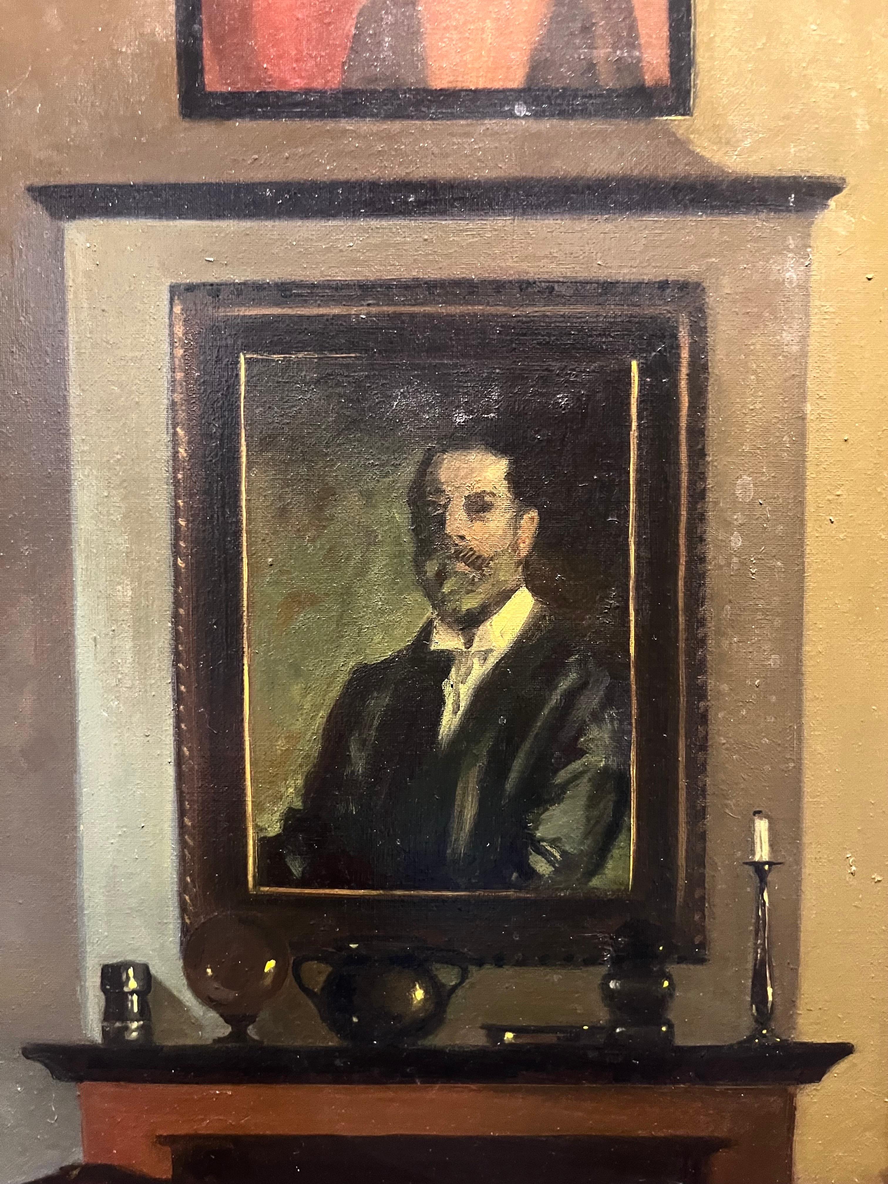 „Interior mit Porträt eines Malers“, Hommage an J.S. Sargent Öl cm. 40 x 70 (Realismus), Painting, von Luisa Albert