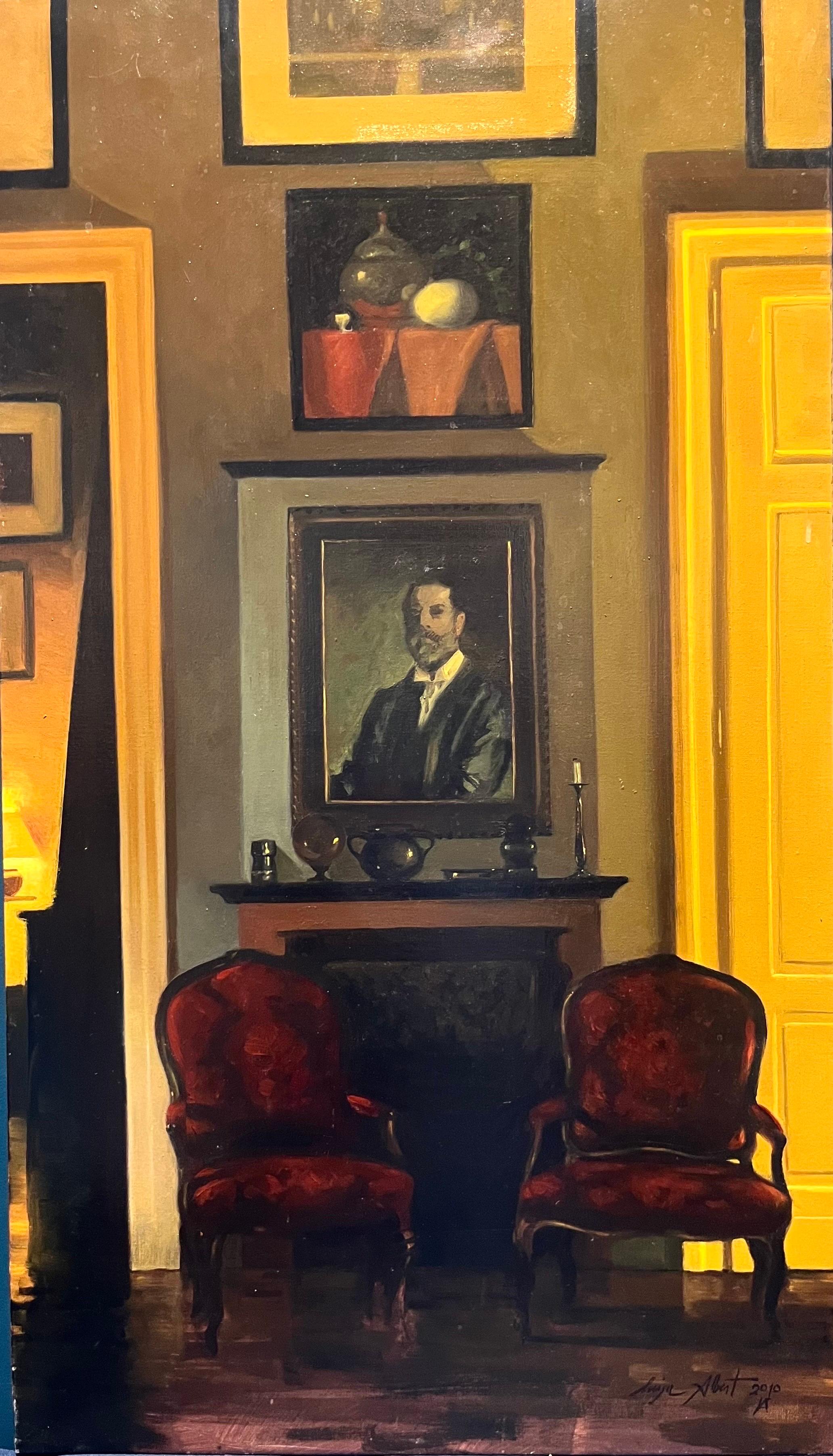 „Interior mit Porträt eines Malers“, Hommage an J.S. Sargent Öl cm. 40 x 70 