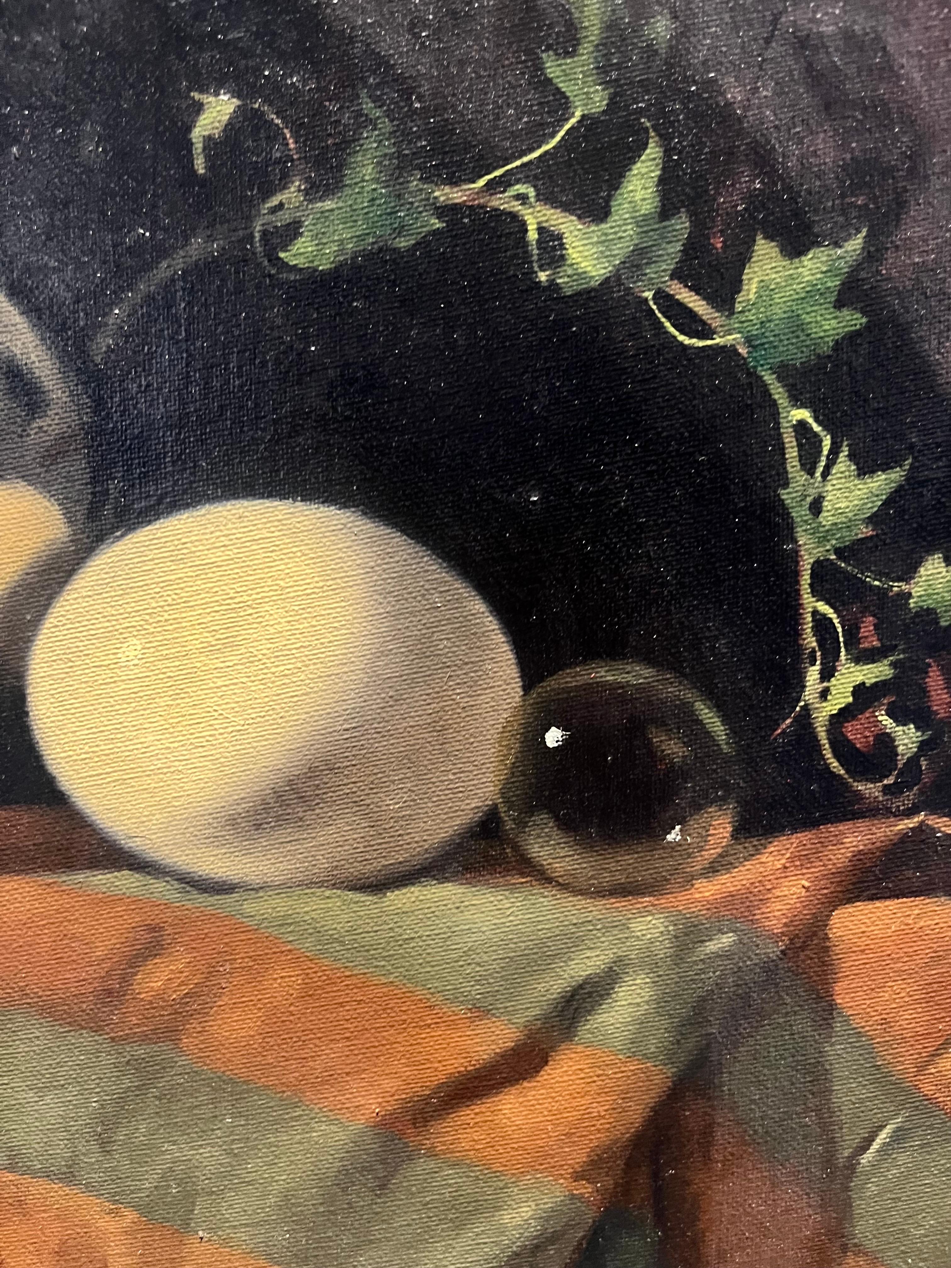« Objets sur toile de table orange », huile, cm 40 x 40 2011 - Réalisme Painting par Luisa Albert