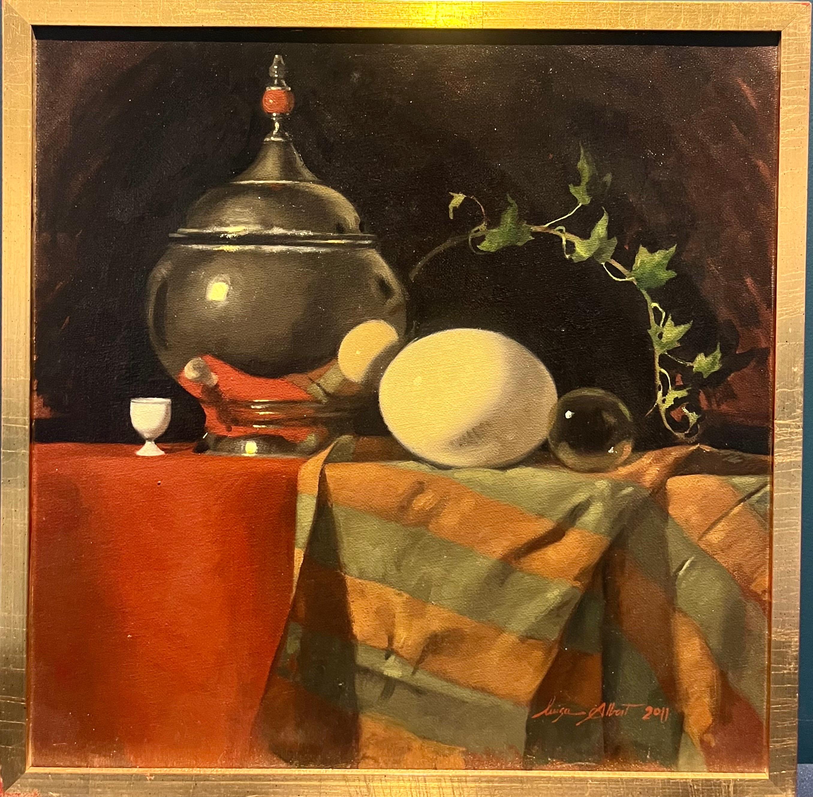 Luisa Albert Interior Painting - "Objects on orange tablecloth" Oil cm.40 x 40 2011