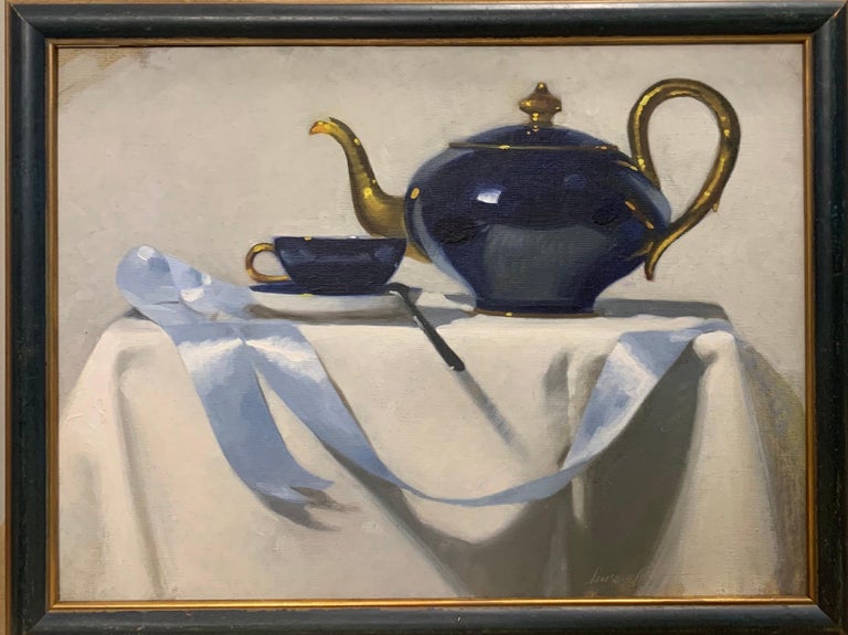 Luisa Albert Still-Life Painting - "tea time"Blue, Teapot, tea time, white, kitchen cm. 33 x 25 2015
