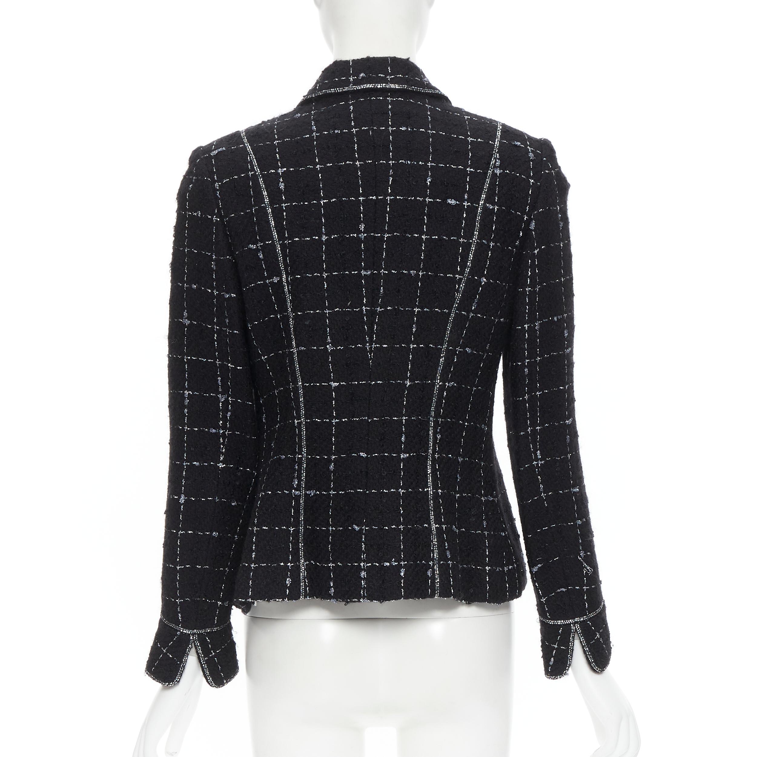 Black LUISA BECCARIA black silver check embellished tweed jacket skirt set IT44 M