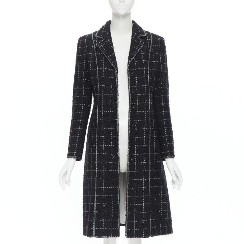 Black LUISA BECCARIA black silver check glitter tweed embellished long coat IT40 S For Sale
