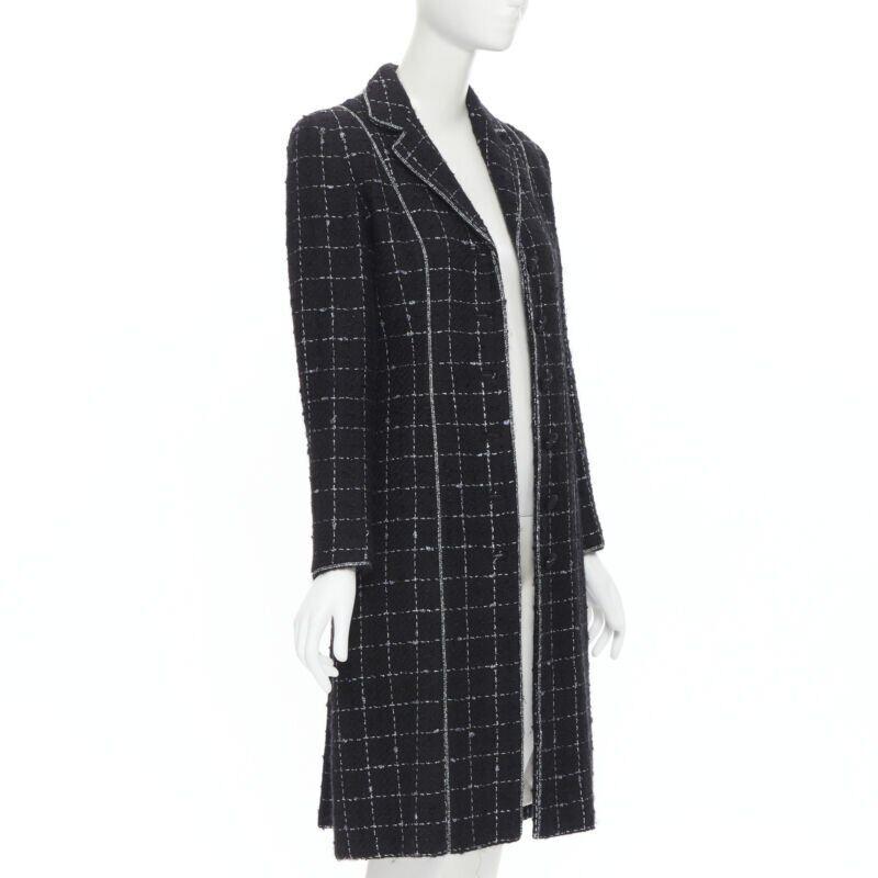 LUISA BECCARIA black silver check glitter tweed embellished long coat IT40 S In Excellent Condition For Sale In Hong Kong, NT