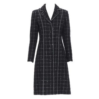 LUISA BECCARIA manteau long en tweed noir à carreaux argentés pailletés avec ornements IT40 S