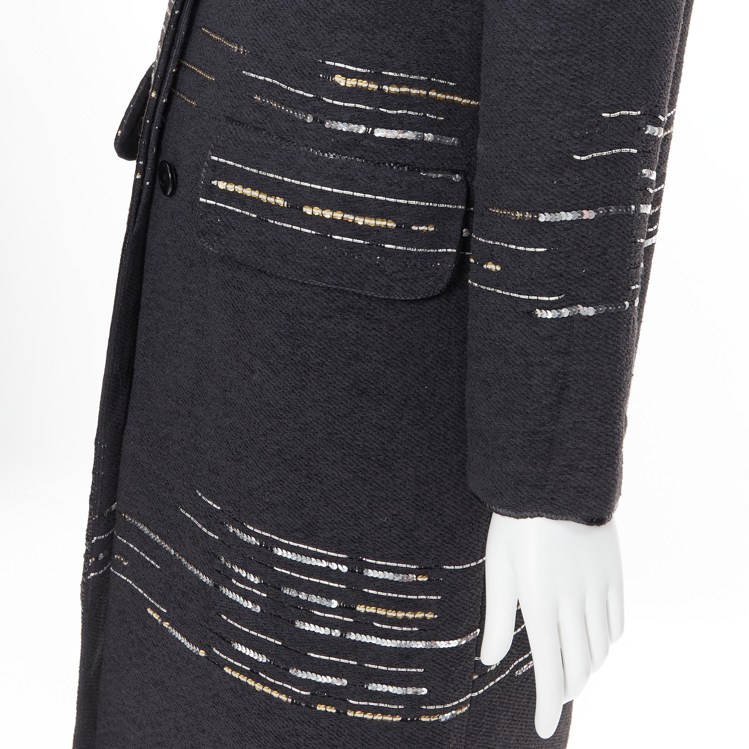 LUISA BECCARIA black tweed silver gold sequins embellished long coat IT42 M 3