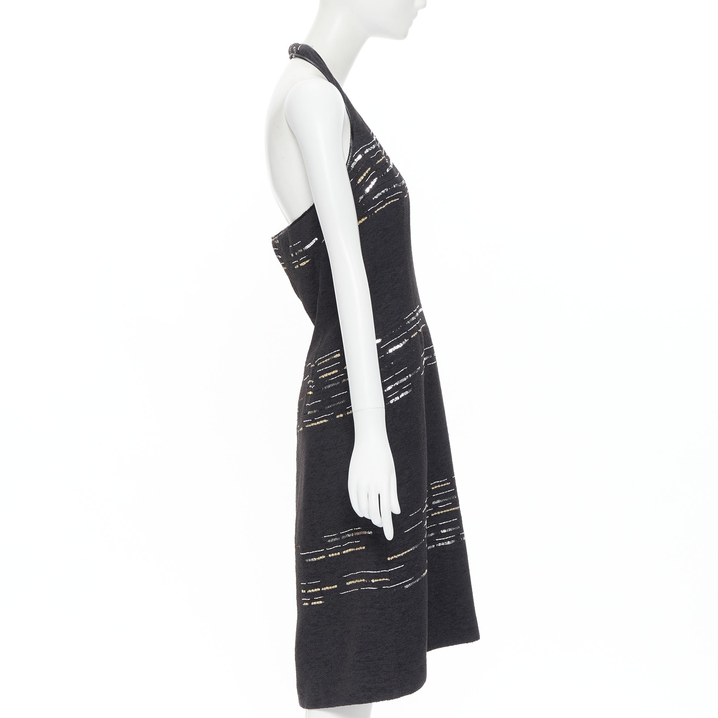 LUISA BECCARIA black wool tweed gold silver sequins embroidered dress IT42 M In Excellent Condition In Hong Kong, NT