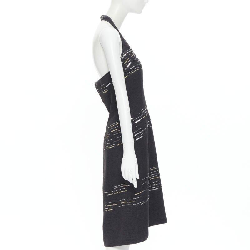 LUISA BECCARIA black wool tweed gold silver sequins embroidered dress IT42 M In Excellent Condition For Sale In Hong Kong, NT