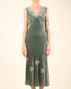 Luisa Beccaria green velvet silver lace V neck sleeveless midi dress IT 42-44