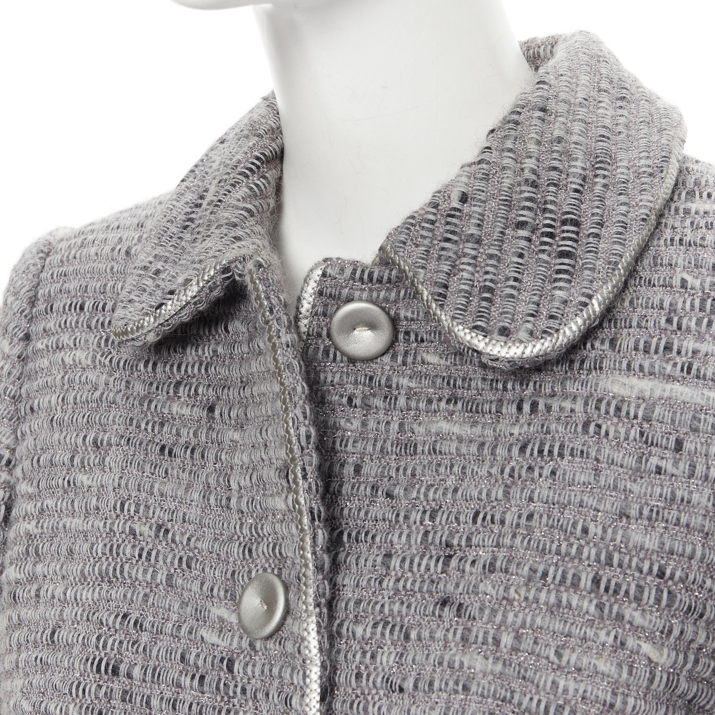 LUISA BECCARIA grey lurex tweed silver leather button jacket skirt set IT42 M 
Reference: GIYG/A00042 
Brand: Luisa Beccaria 
Material: Wool 
Color: Grey 
Pattern: Solid 
Closure: Button 
Extra Detail: Leather piping. Leather wrapped buttons. Dual