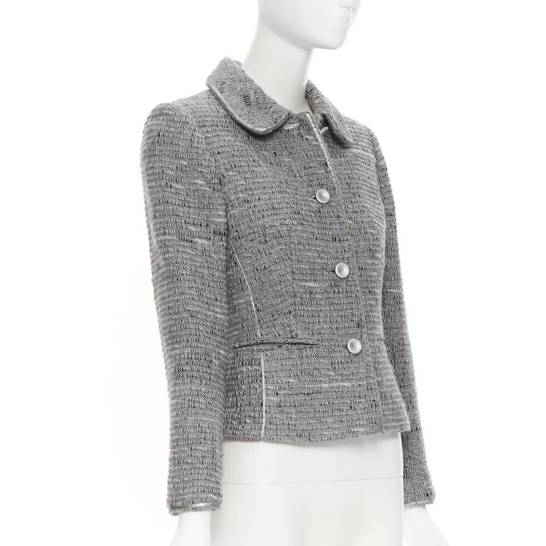 LUISA BECCARIA grey lurex tweed silver leather button jacket skirt set ...