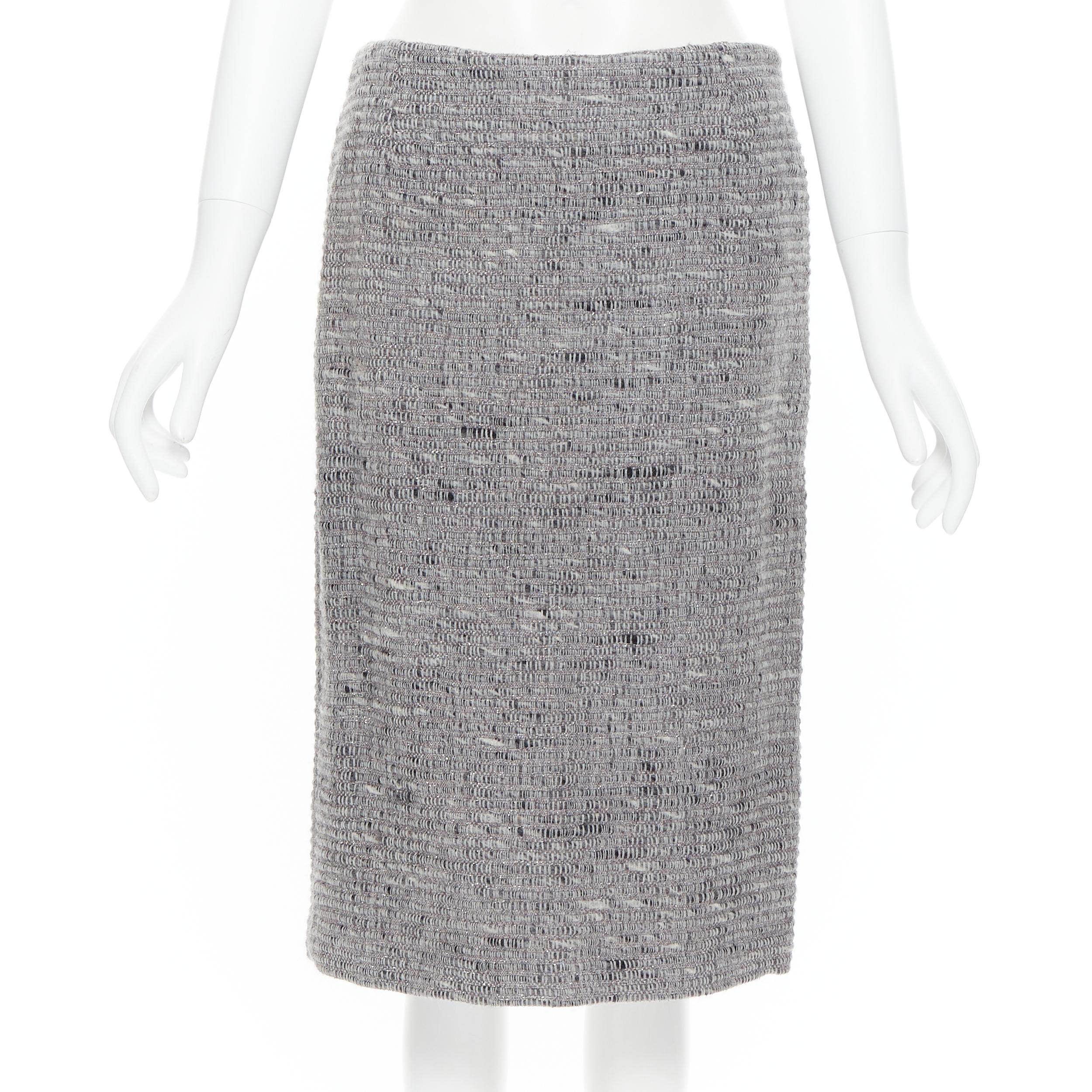 Women's LUISA BECCARIA grey lurex tweed silver leather button jacket skirt set IT42 M