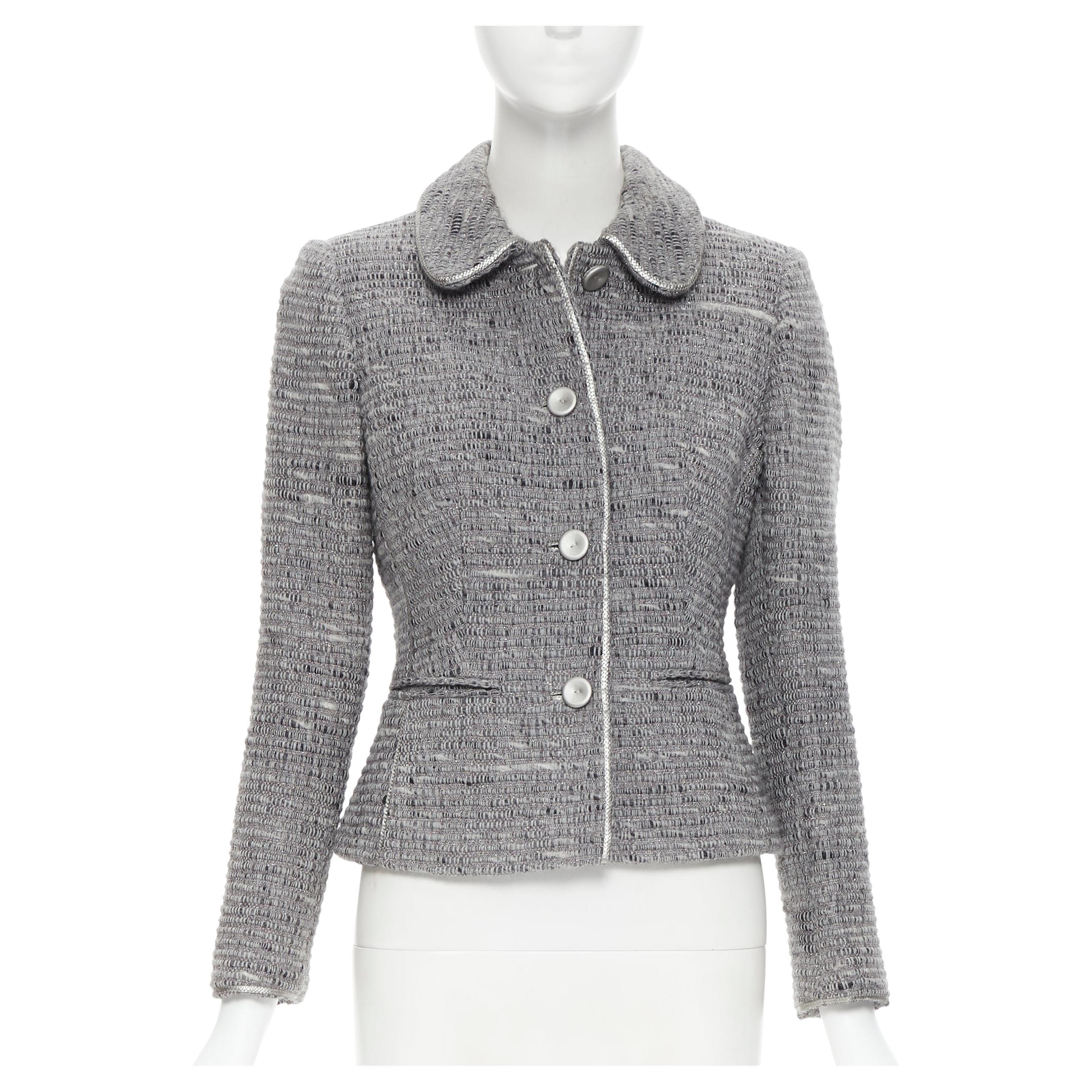LUISA BECCARIA grey lurex tweed silver leather button jacket skirt set IT42 M