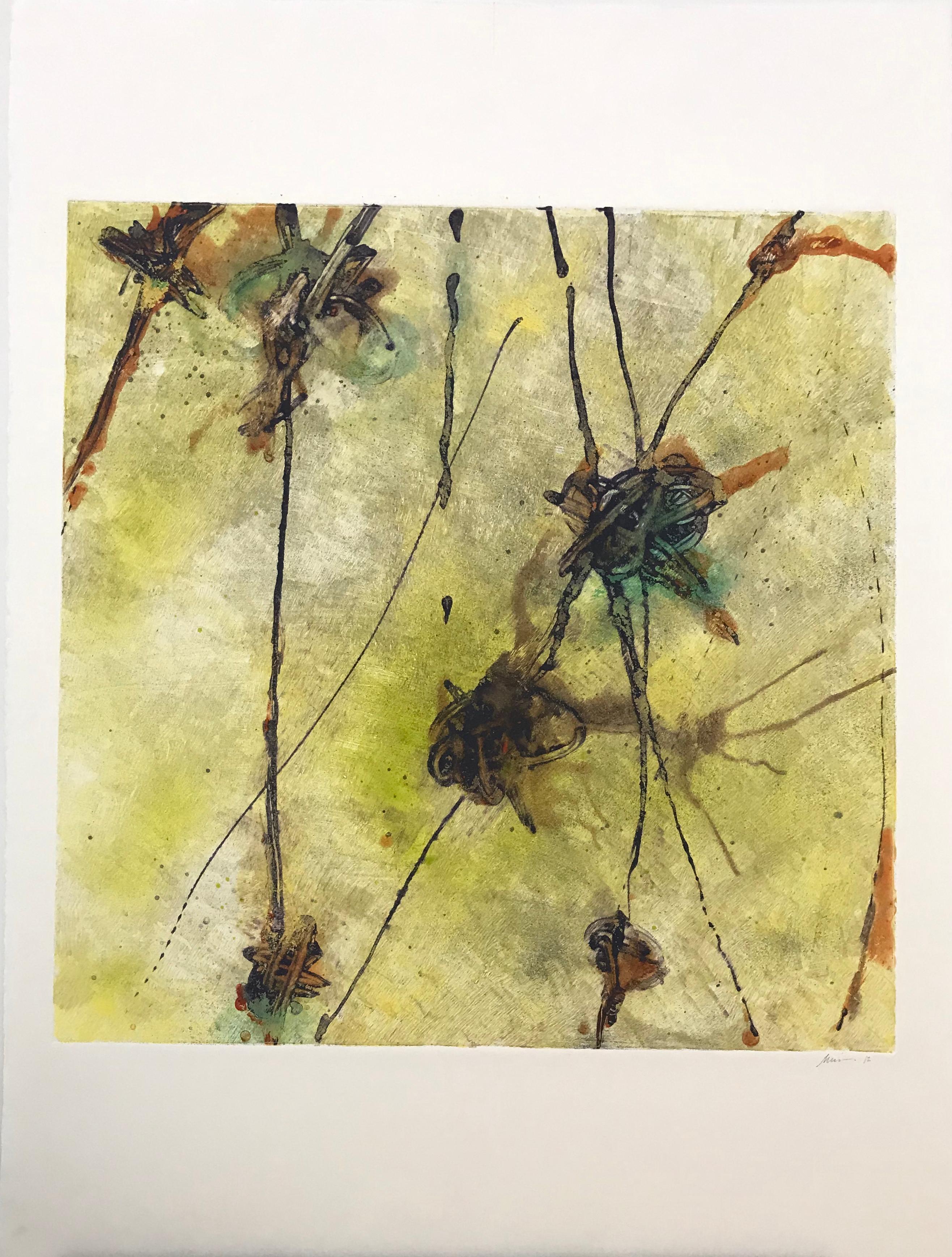  Knots in Green: Monotype on archival paper Size: 20 x 20 by South American/Venezuelan artist Luisa Duarte is an example of geometric abstract art . Luisa Duarte works out of her studio in Houston, Texas.  Price is unframed. Price for frame can be