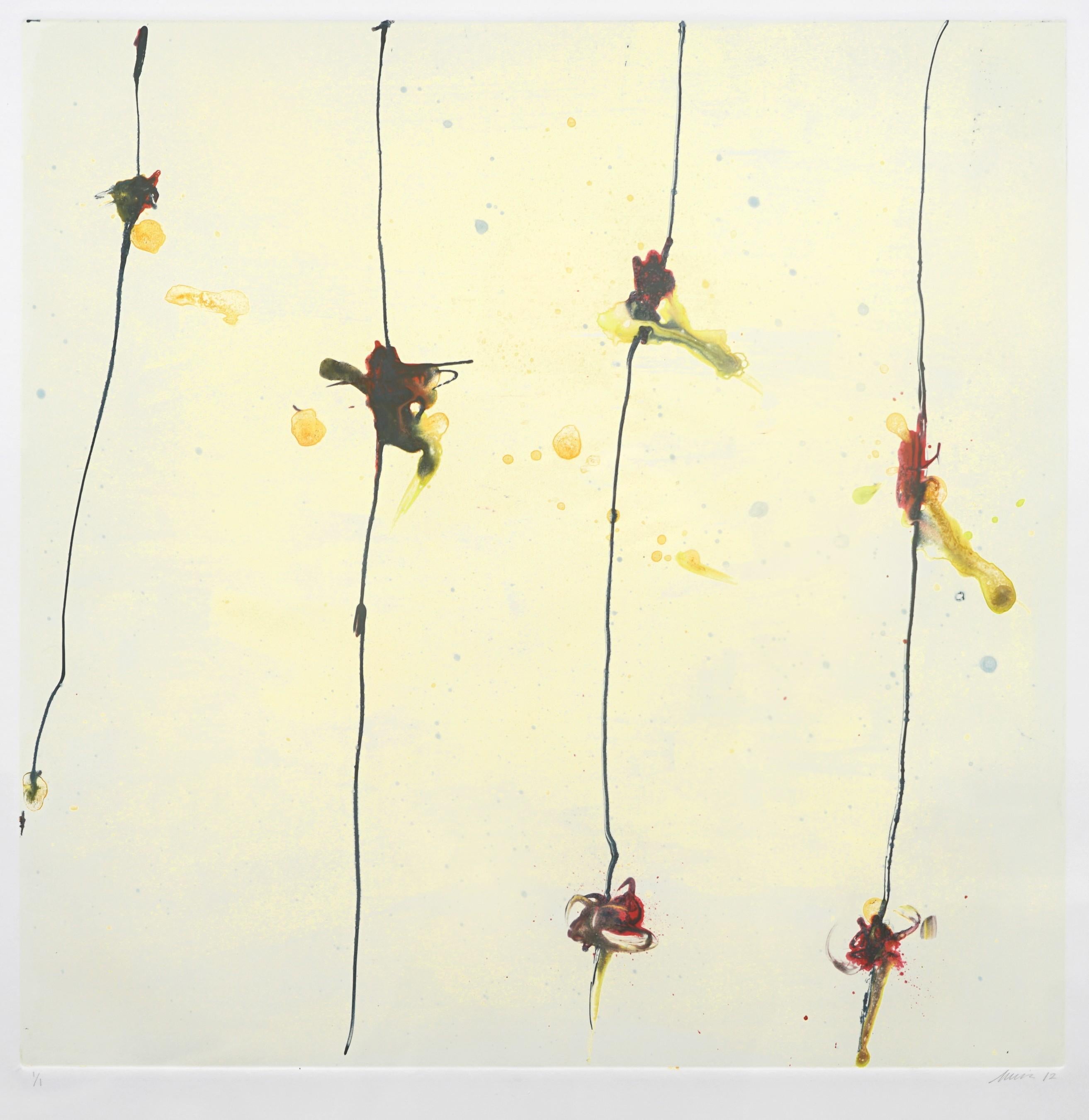 Nudos ok Fuego:   Monotipo sobre papel de archivo Tamaño: 20 x 20 de la artista sudamericana/venezolana Luisa Duarte es un ejemplo de arte abstracto geométrico . Luisa Duarte trabaja en su estudio de Houston, Texas. El tamaño enmarcado es 28