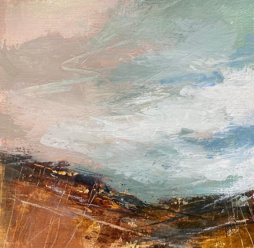 The textural, earthy tones of the moor are complimented by the green/greys and dusky pinks of the sky. I wanted to create movement in this piece, with fast moving scudding clouds. Chalk pastel and Inktense were worked over the earth colours to