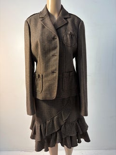 Luisa Spagnoli Brown Wool Skirt Suit Size 46 with Ruffle Skirt