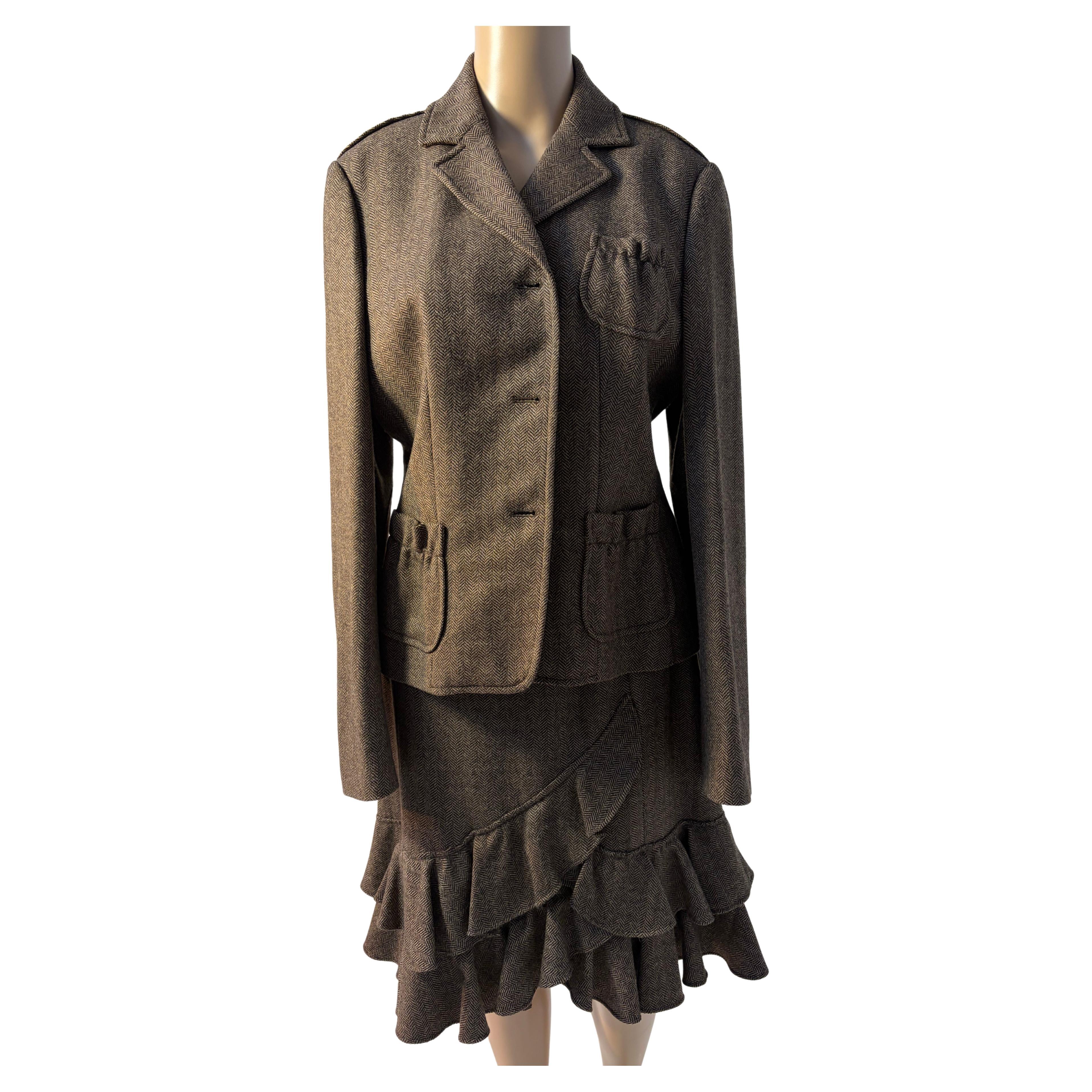Luisa Spagnoli Brown Wool Skirt Suit Size 46 with Ruffle Skirt