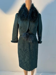 Luisa Spagnoli Green Textured Dress and Jacket Set Size 42 with Fur Trim