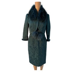 Luisa Spagnoli Green Textured Dress and Jacket Set Size 42 with Fur Trim