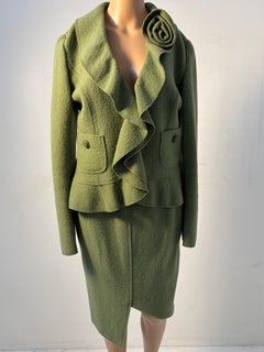 Luisa Spagnoli Green Wool Skirt Suit Size 44 with Ruffle Detail