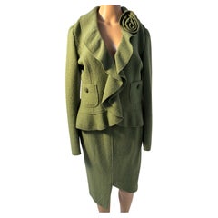 Luisa Spagnoli Green Wool Skirt Suit Size 44 with Ruffle Detail