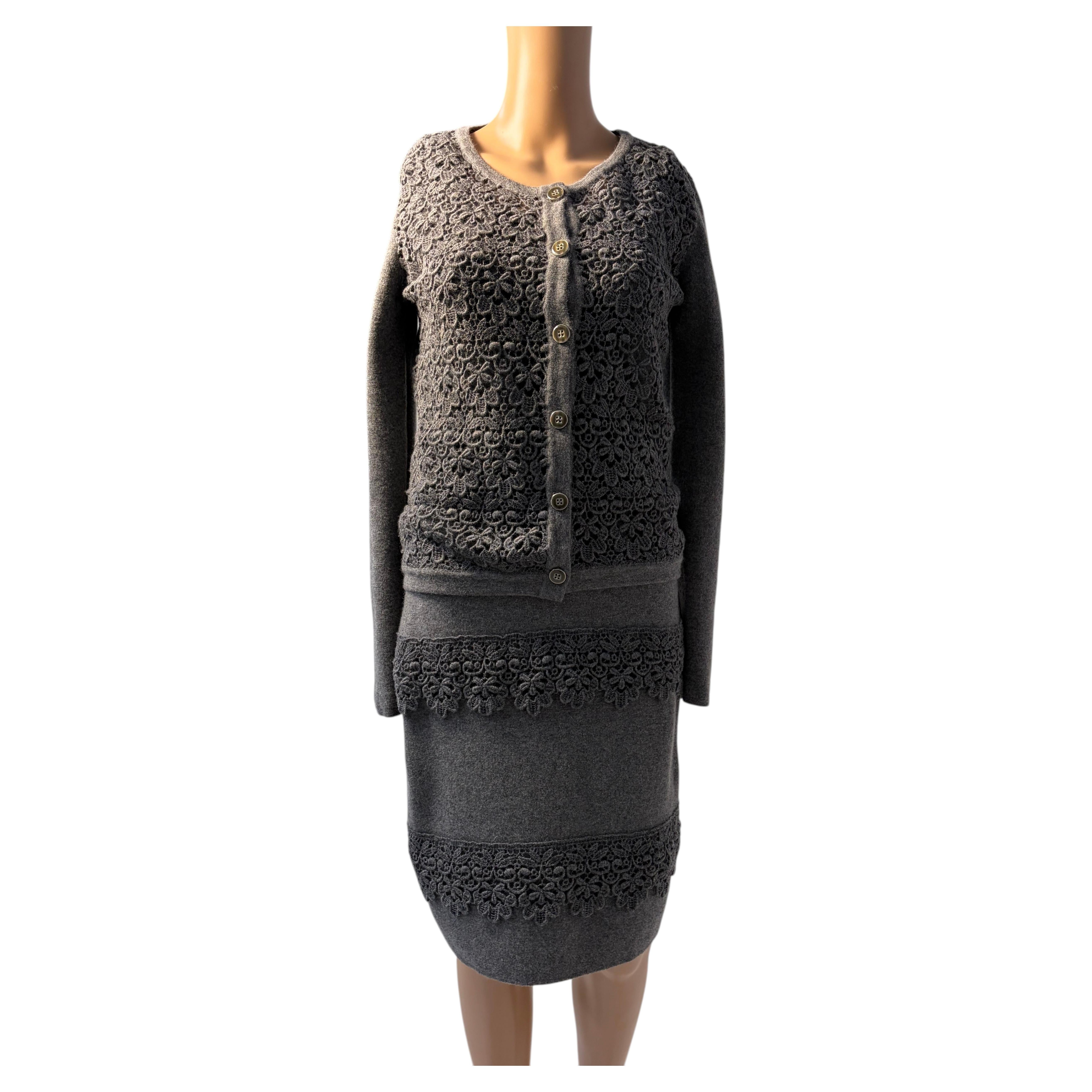 Luisa Spagnoli Grey Wool Knit Skirt Suit with Lace Details Elegant Set