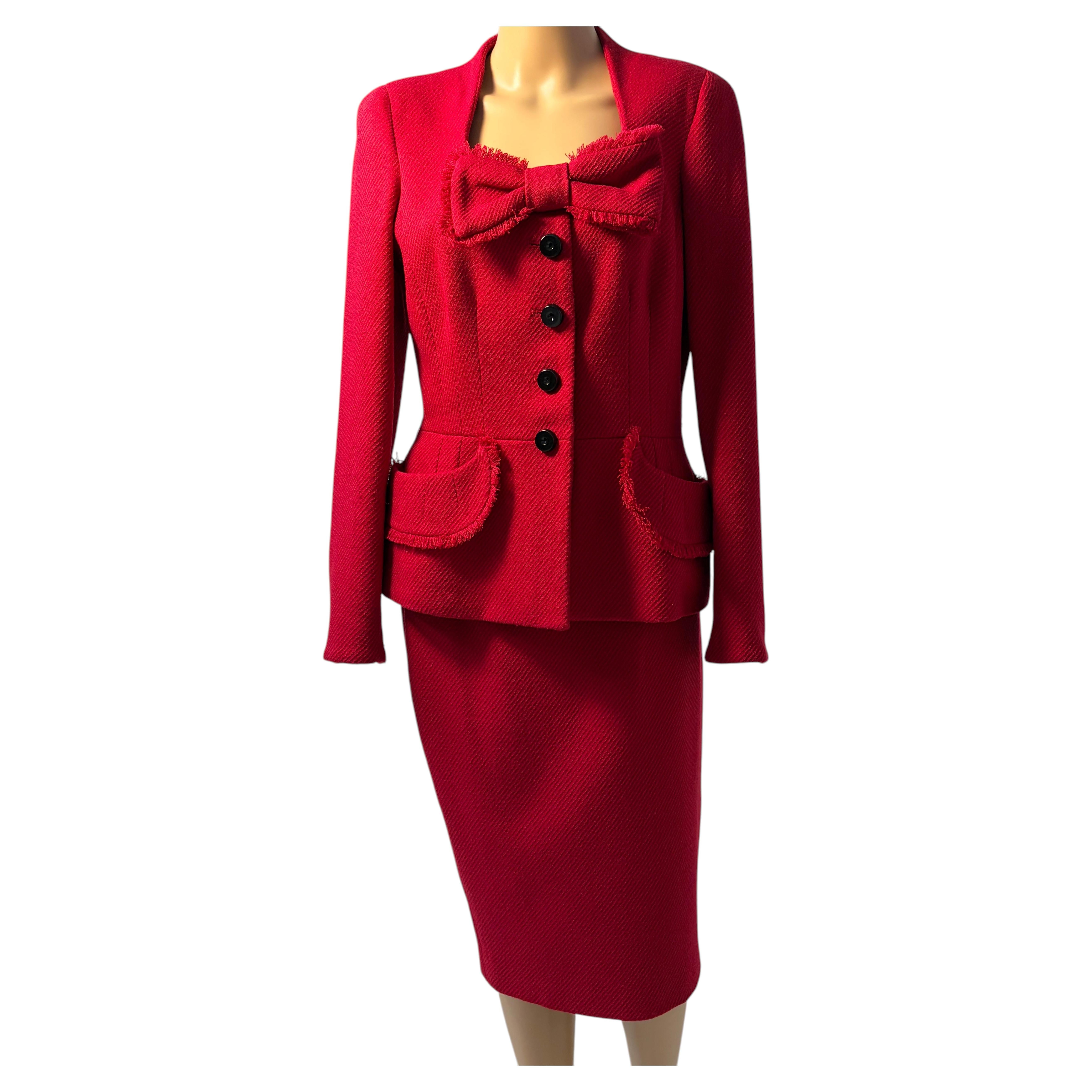 Pre-owned Luisa Spagnoli Red Tweed Suit Bow Detail Chanel Style Italy