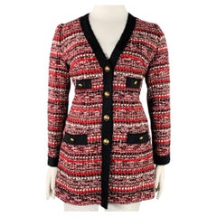 LUISA SPAGNOLI, taille 10, manteau droit en laine mélangée bouclée, noir, rouge et blanc