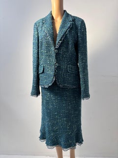 Luisa Spagnoli Traje Falda Tweed Teal Mezcla de Lana Texturizada Italia
