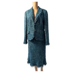 Luisa Spagnoli Traje Falda Tweed Teal Mezcla de Lana Texturizada Italia