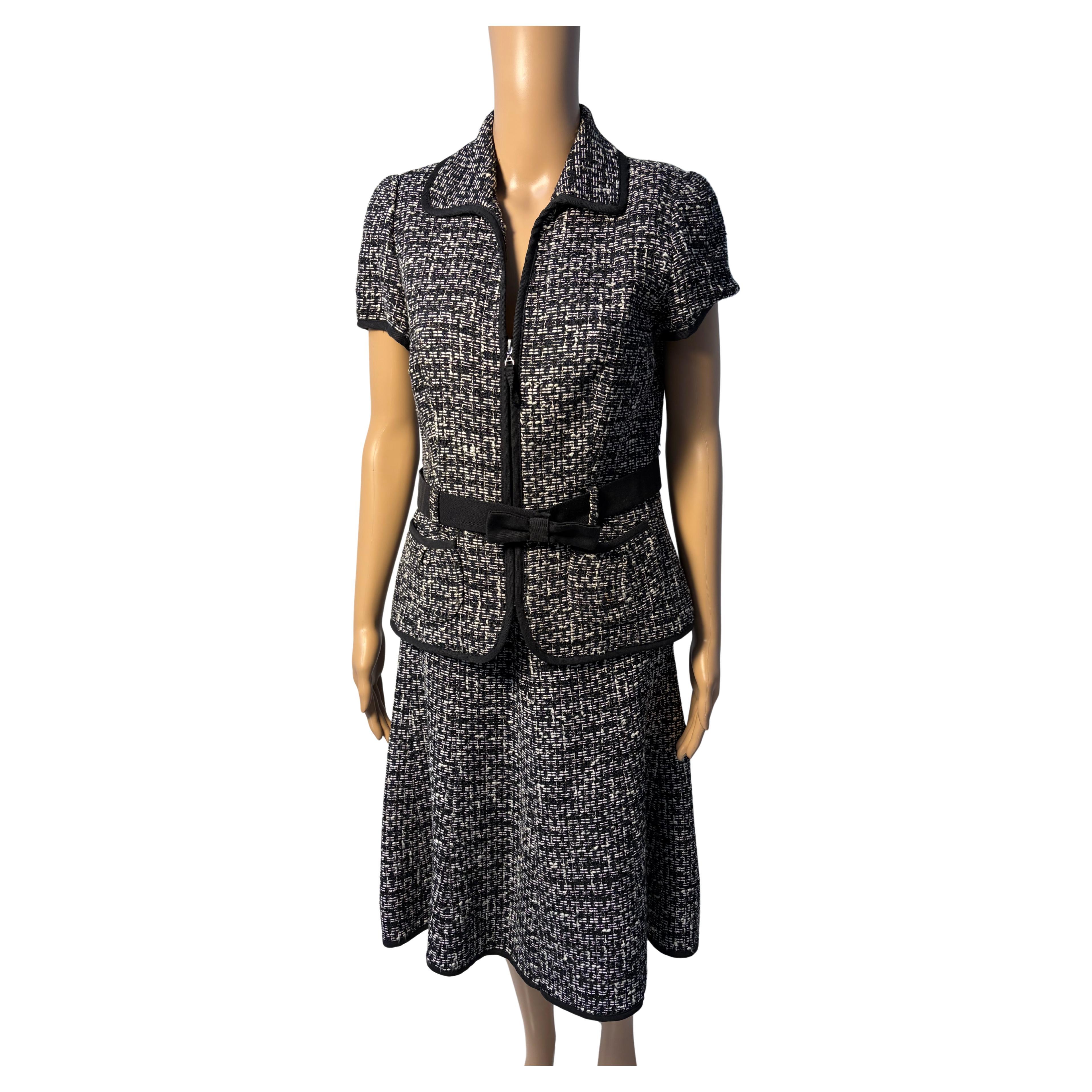 Pre-owned Luisa Spagnoli Tweed Cotton Blend Suit With Belt, Italy - Black And Ivory In White