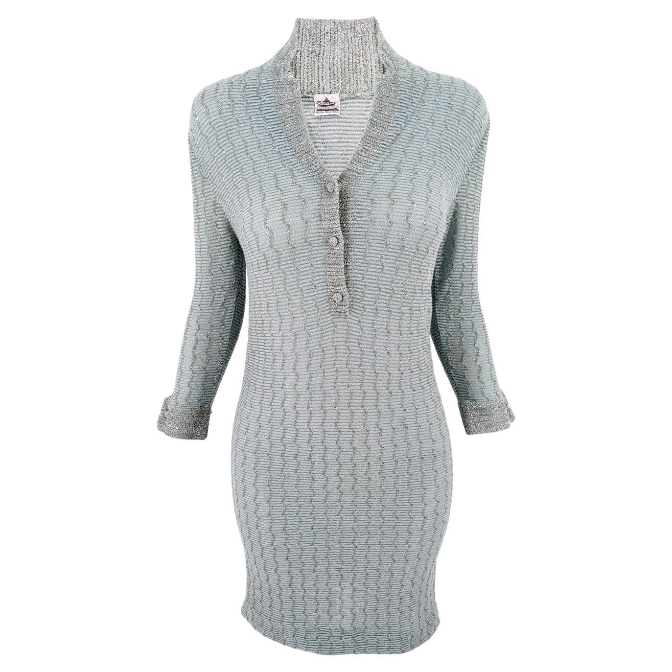Luisa Spagnoli Vintage 60s Pastel Blue & Silver Lurex Mini Sweater Dress, 1960s