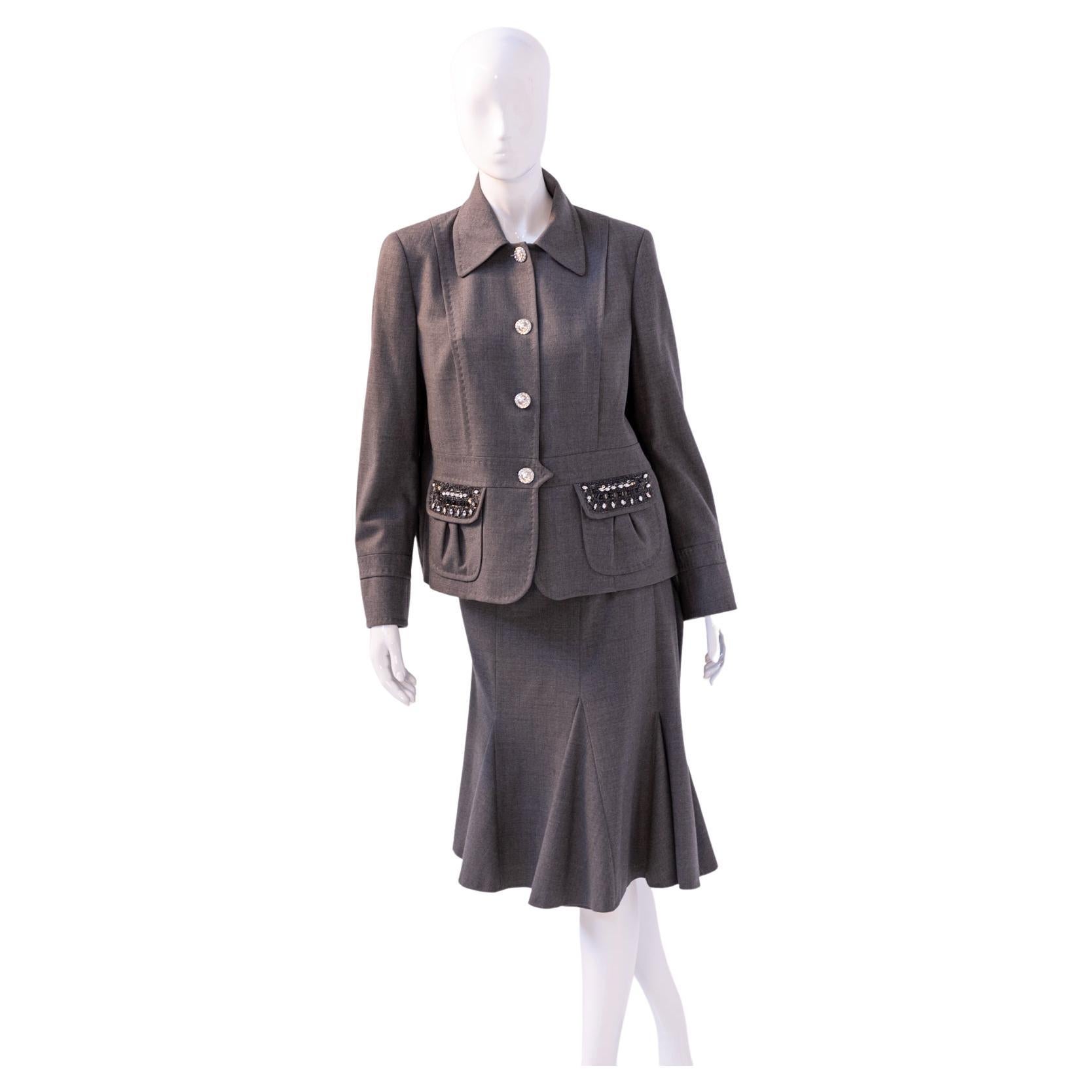 Luisa Spagnoli Vintage Chic Grey Wool Skirt Suit For Sale