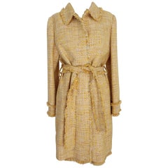 Vintage Luisa Spagnoli Yellow Cotton Blend Boucle Suit Jacket Dress 1990s Long Belted