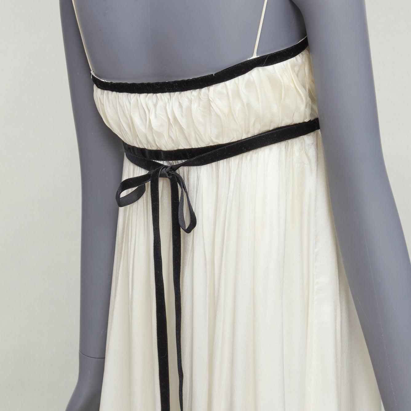LUISA VIA ROMA cream silky black velvet ribbon puff bust midi dress IT34 XXS For Sale 2