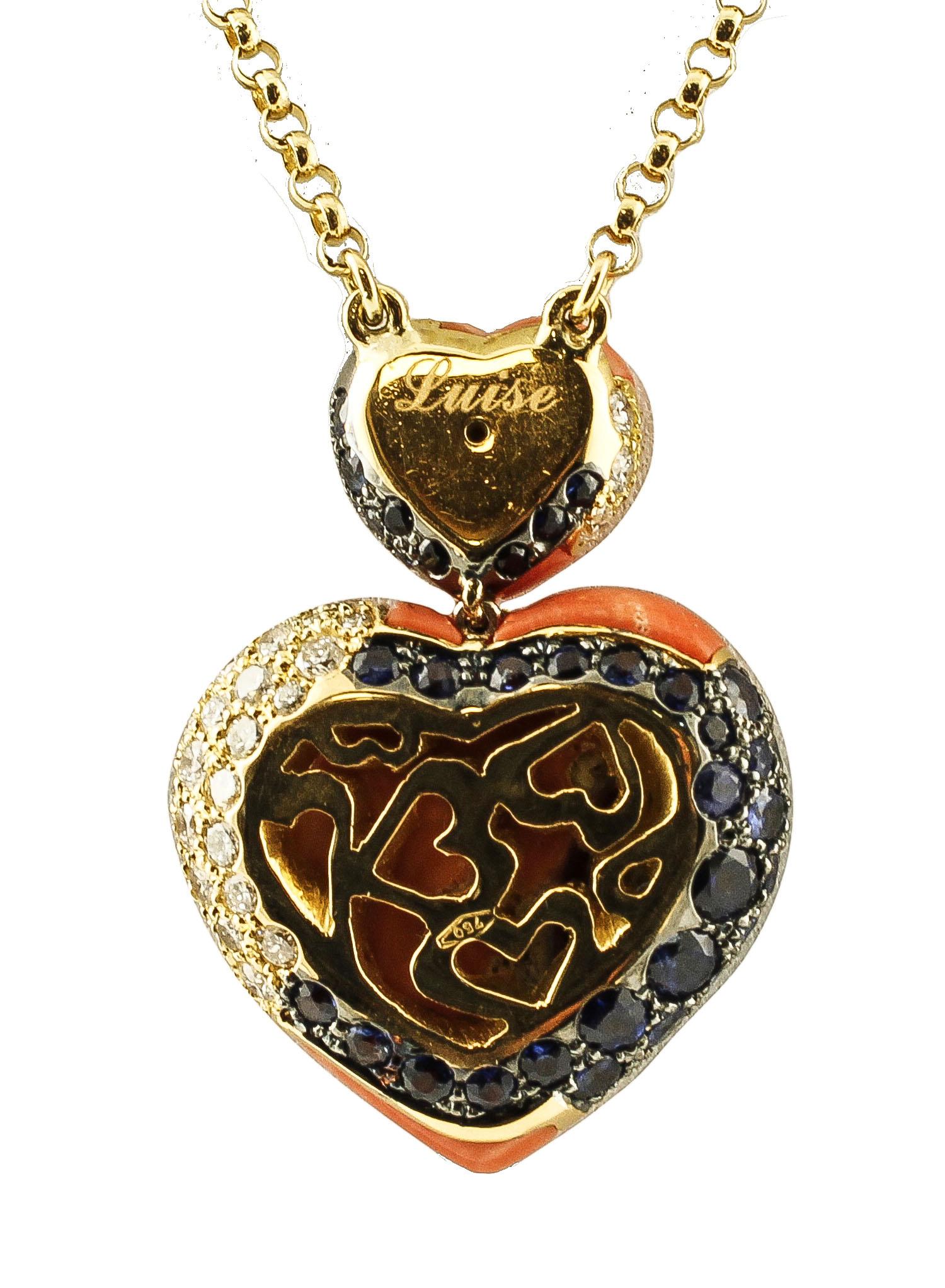 Retro 18K Gold Chain Necklace with Red Coral, Diamonds & Sapphire Heart Pendant