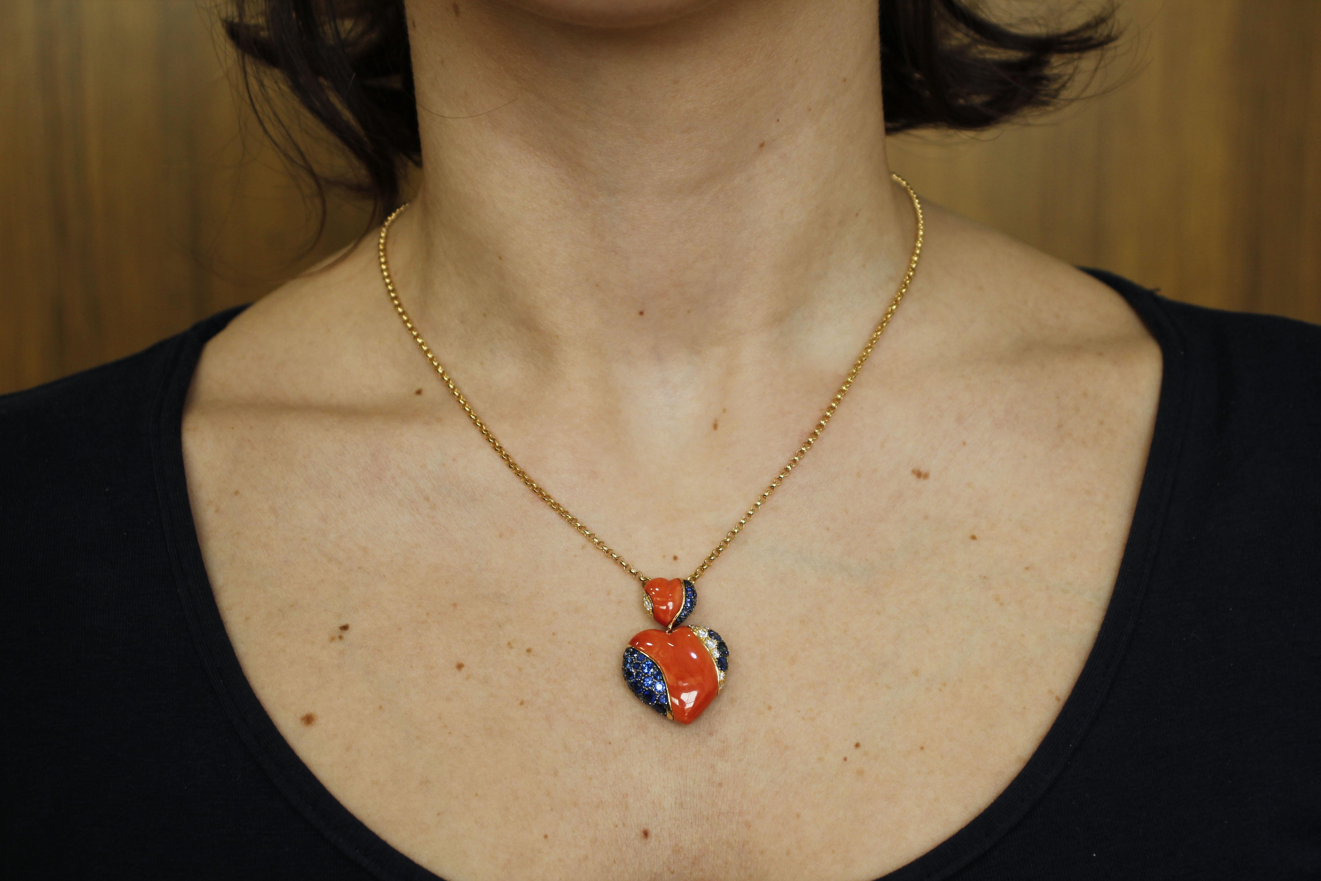 18K Gold Chain Necklace with Red Coral, Diamonds & Sapphire Heart Pendant 1