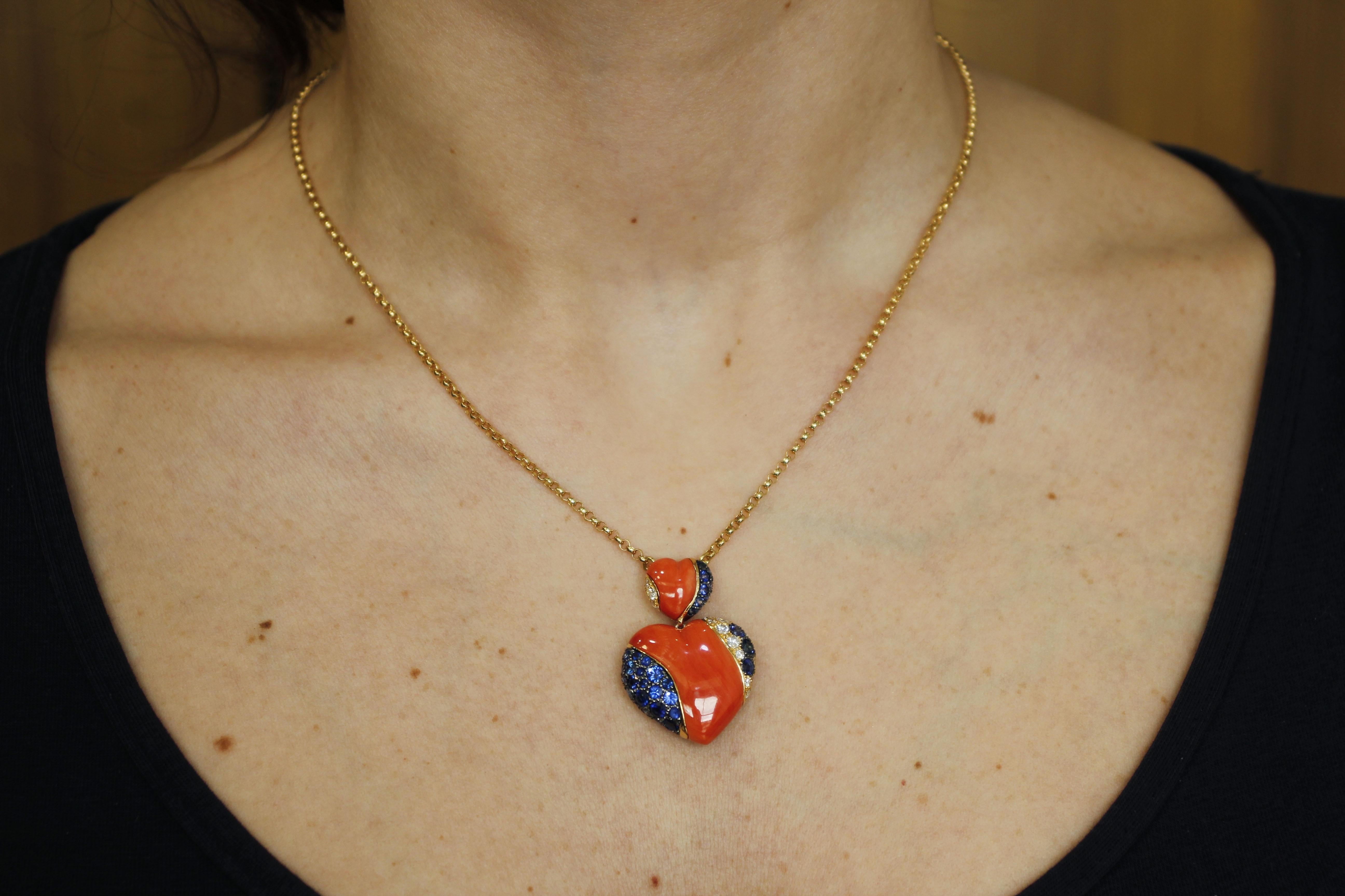 18K Gold Chain Necklace with Red Coral, Diamonds & Sapphire Heart Pendant 2