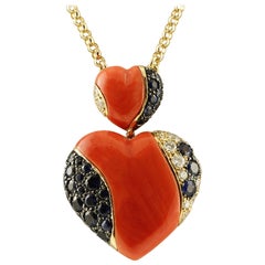 18K Gold Chain Necklace with Red Coral, Diamonds & Sapphire Heart Pendant