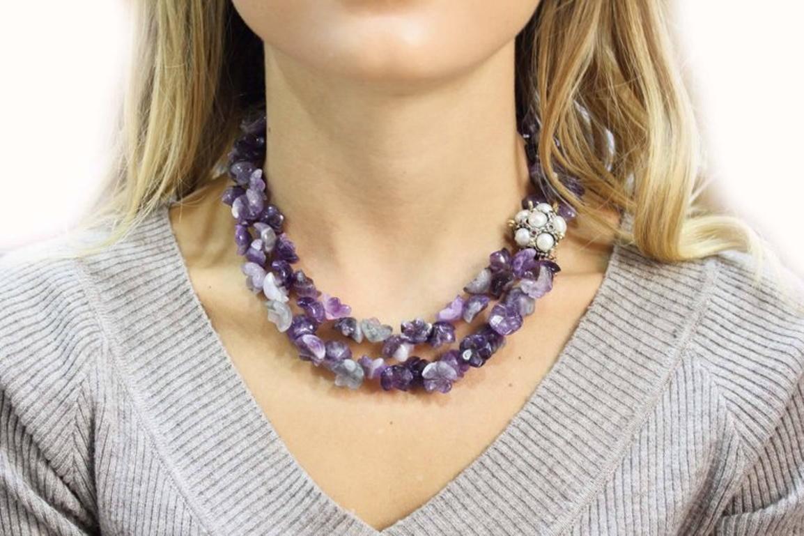 Round Cut Luise Amethyst Multistrnds and Pearls Rubies and Gold Clasp Necklace For Sale