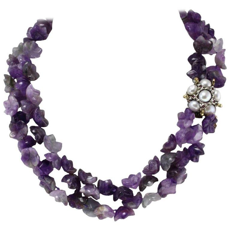 Luise Amethyst Multistrnds and Pearls Rubies and Gold Clasp Necklace