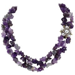 Vintage Luise Amethyst Multistrnds and Pearls Rubies and Gold Clasp Necklace