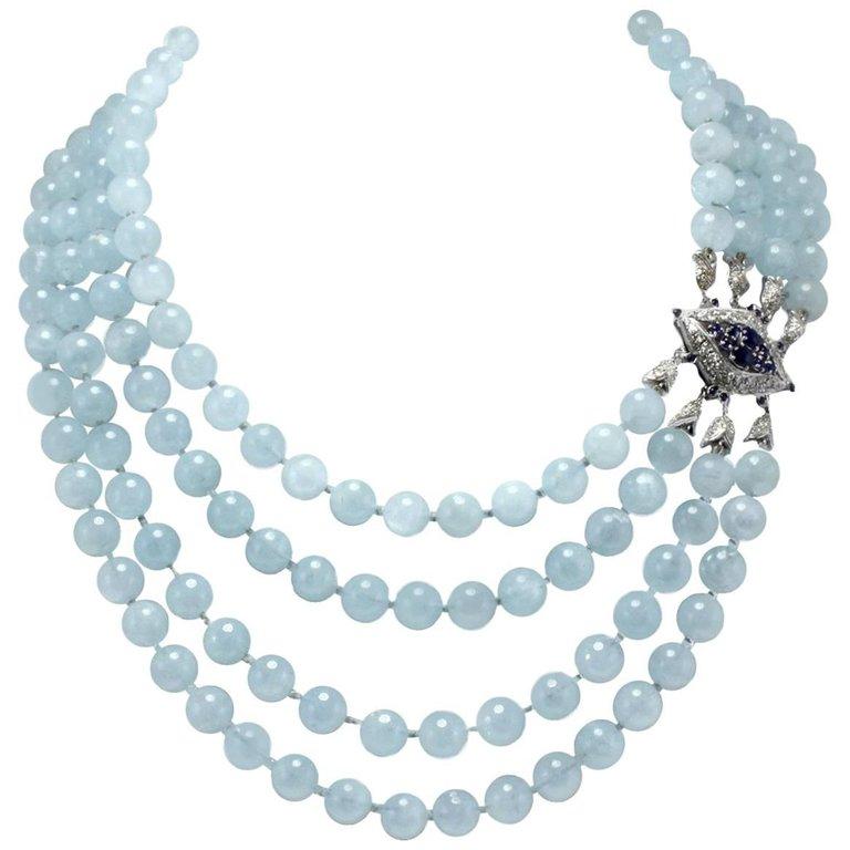 Aquamarine Beads Diamonds and Blue Sapphire Clasp White Gold Necklace For Sale