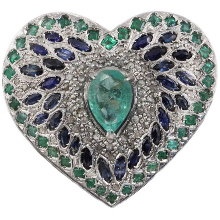 Luise Blue Sapphire, Emerald and Diamond Heart Ring For Sale