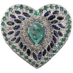 Vintage Luise Blue Sapphire, Emerald and Diamond Heart Ring